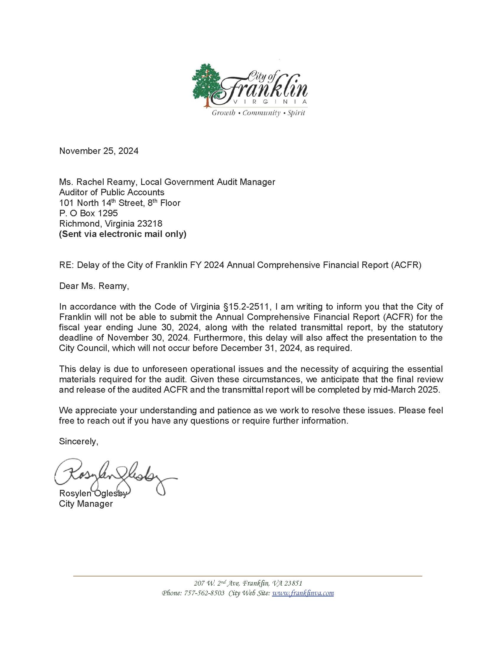 City of Franklin VA 2024 ACFR Delay Letter