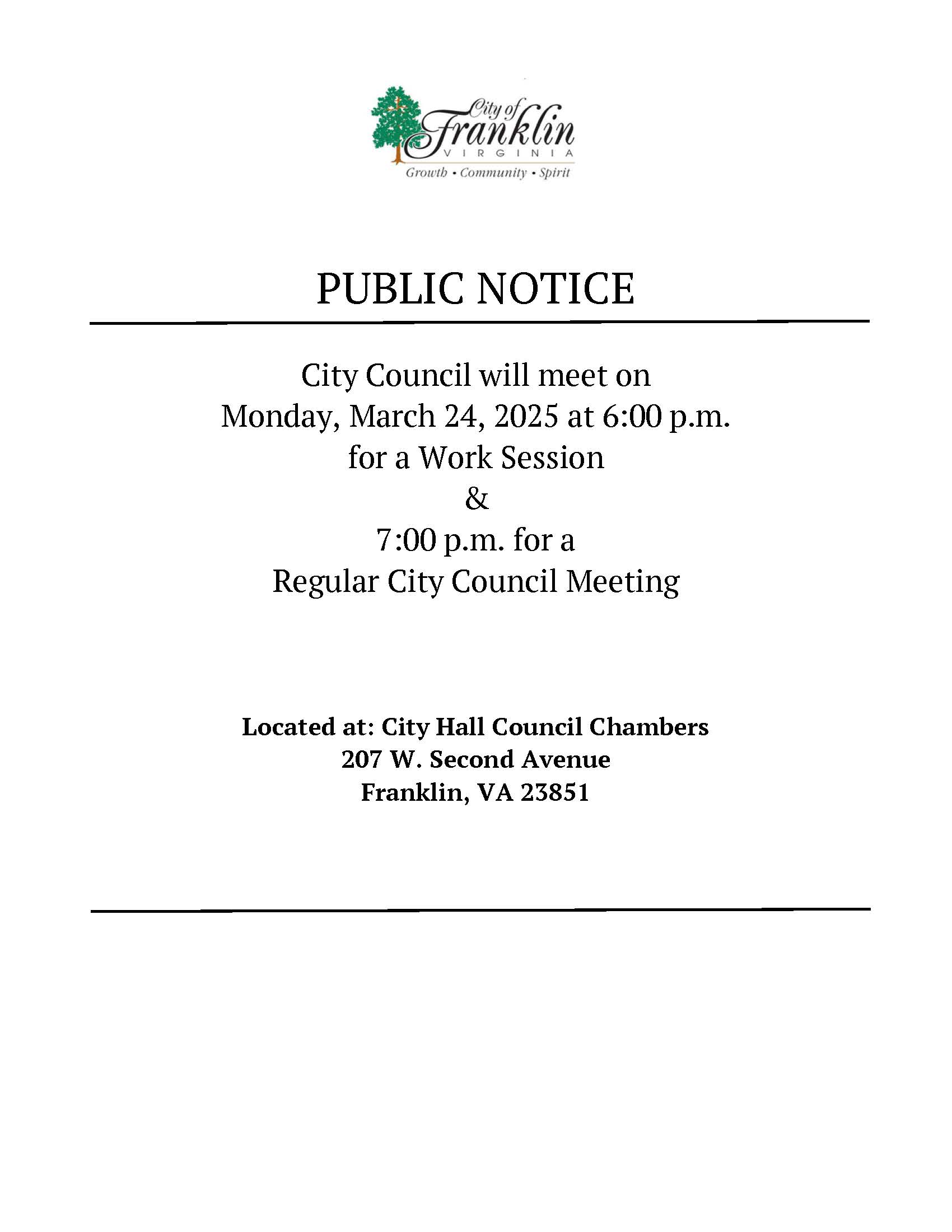 03-24-2025 Notice of CC Work Session & Reg Session Mtg